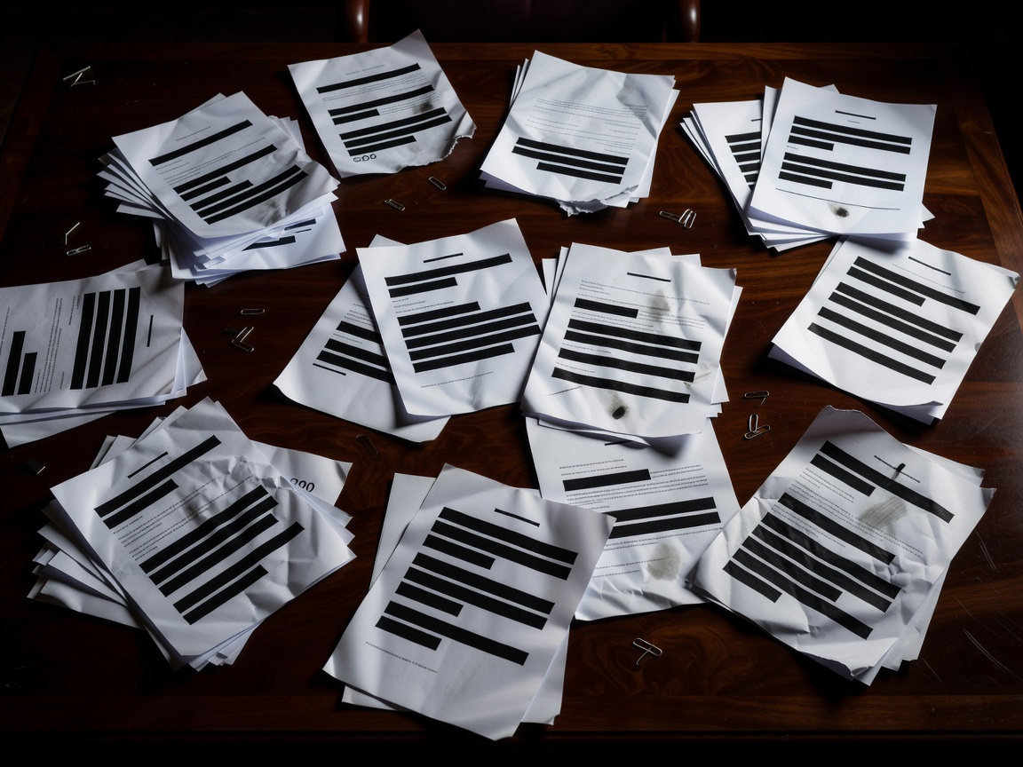 Abstract representation of classified documents scattered on a desk