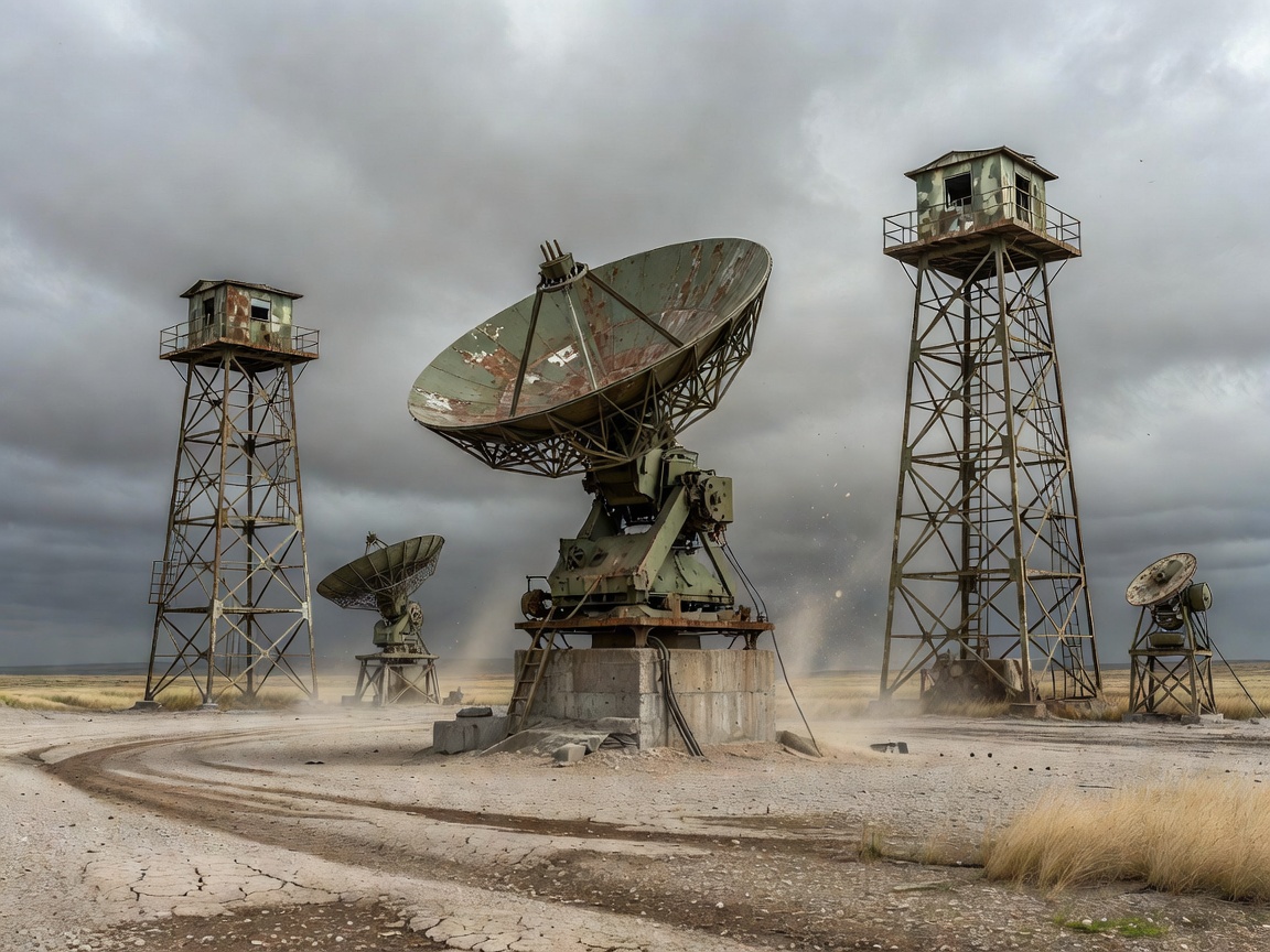 Vintage radar equipment and military observation towers